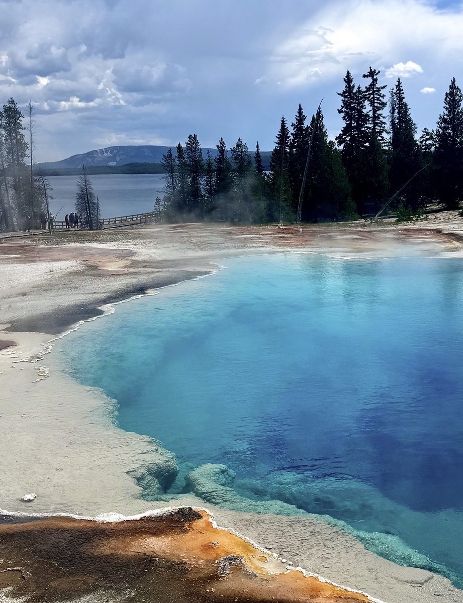 A turquoise hot spring pool ringed by pine trees