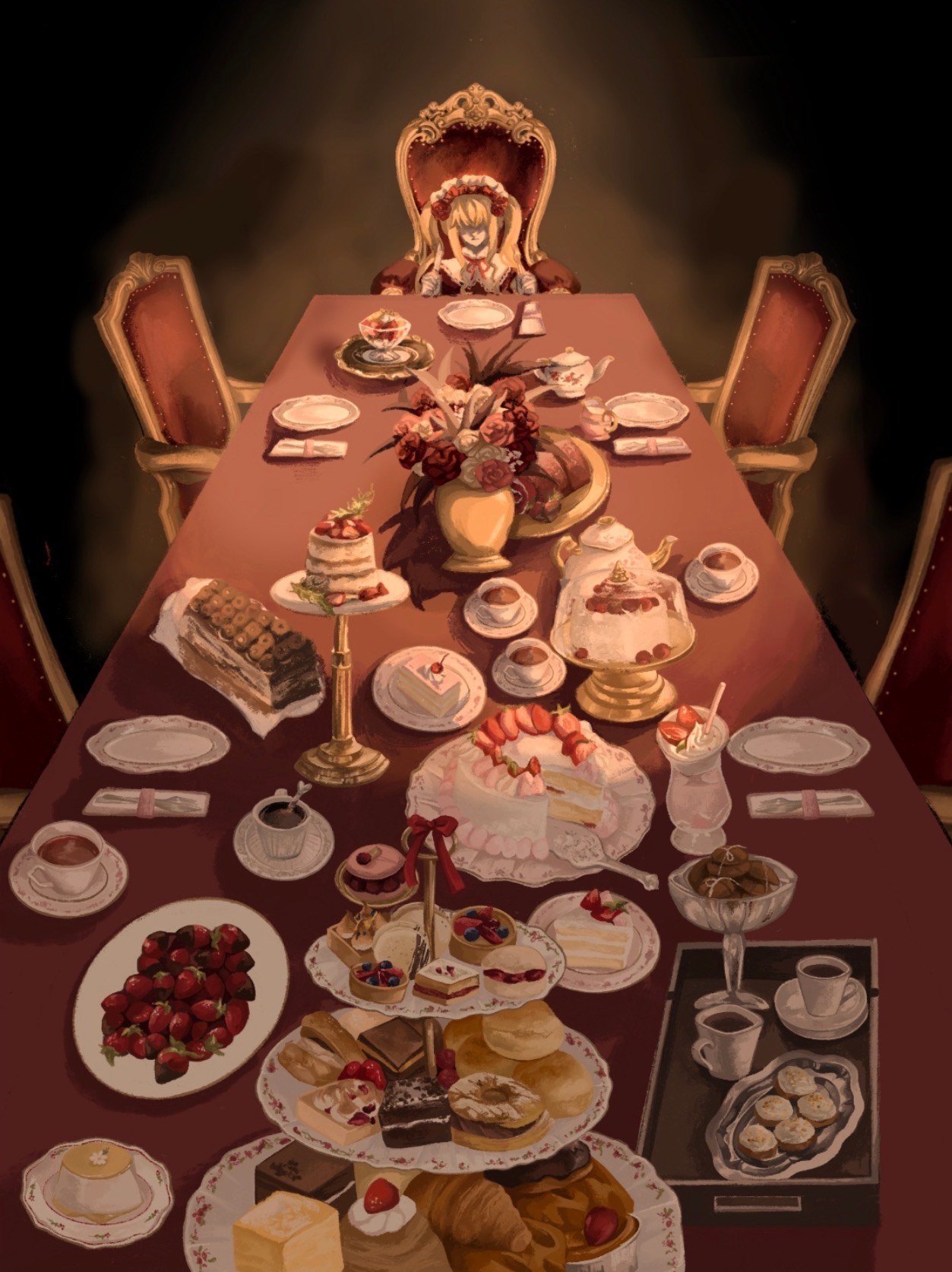An ornate banquet table piled with desserts and tea service, set for many but attended by one seated figure, empty chairs all around