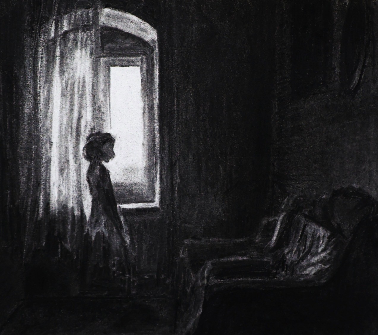 A charcoal drawing of a dark room with a silhouetted figure standing beside a bright window and an empty armchair