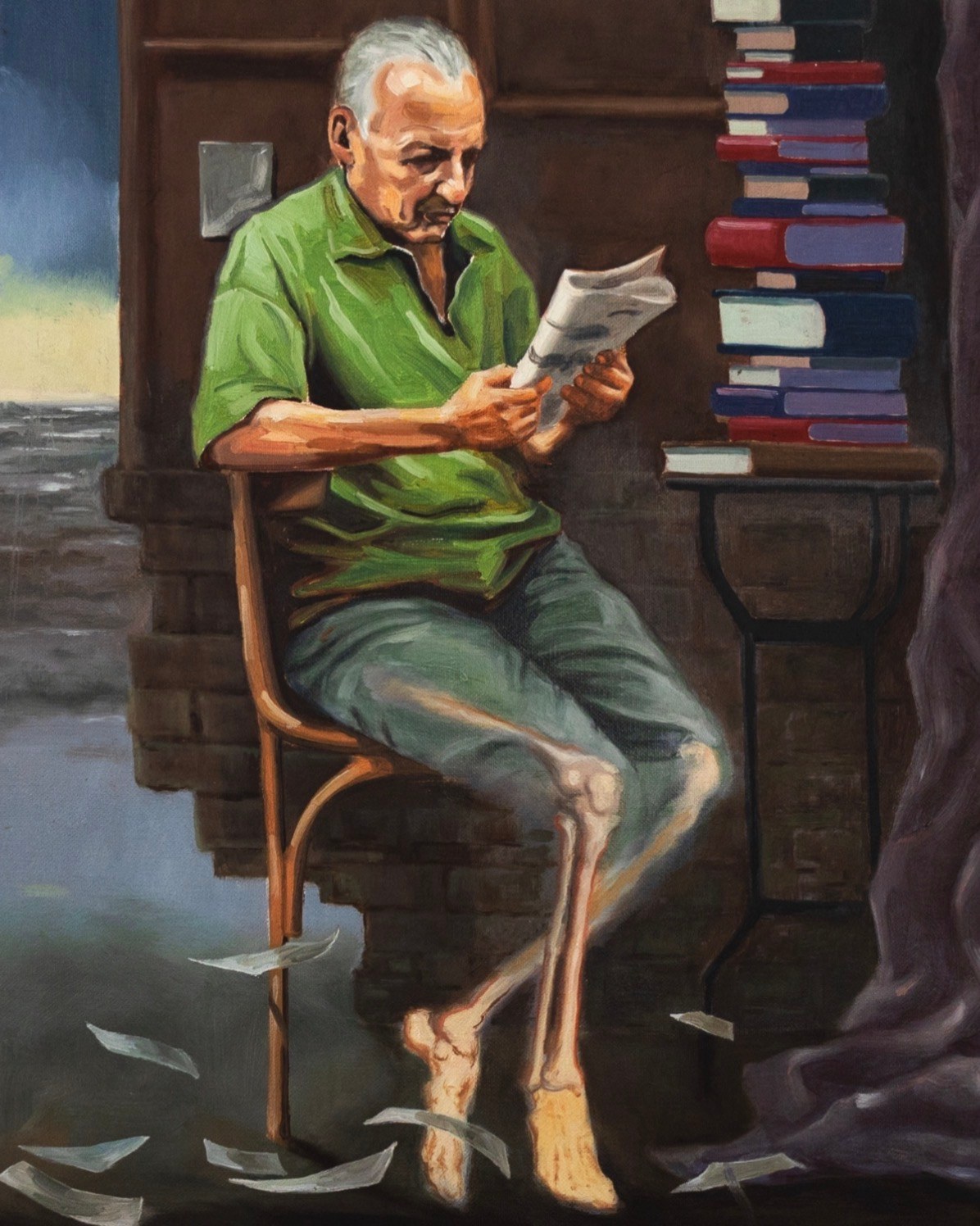 An oil painting of an old man in a green shirt reading a newspaper, seated on a chair, with skeletal legs