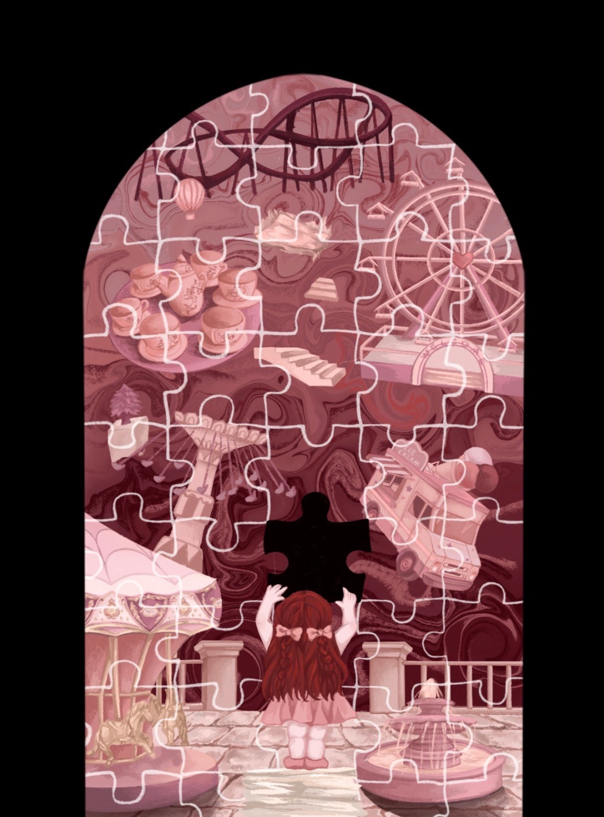 A dusty pink digital painting of a girl seen from behind, reaching toward a giant jigsaw puzzle window filled with amusement park imagery, one piece missing