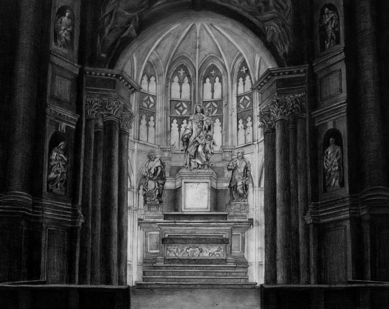 A highly detailed black and white graphite drawing of a Gothic cathedral altar in one-point perspective, statues lining the walls