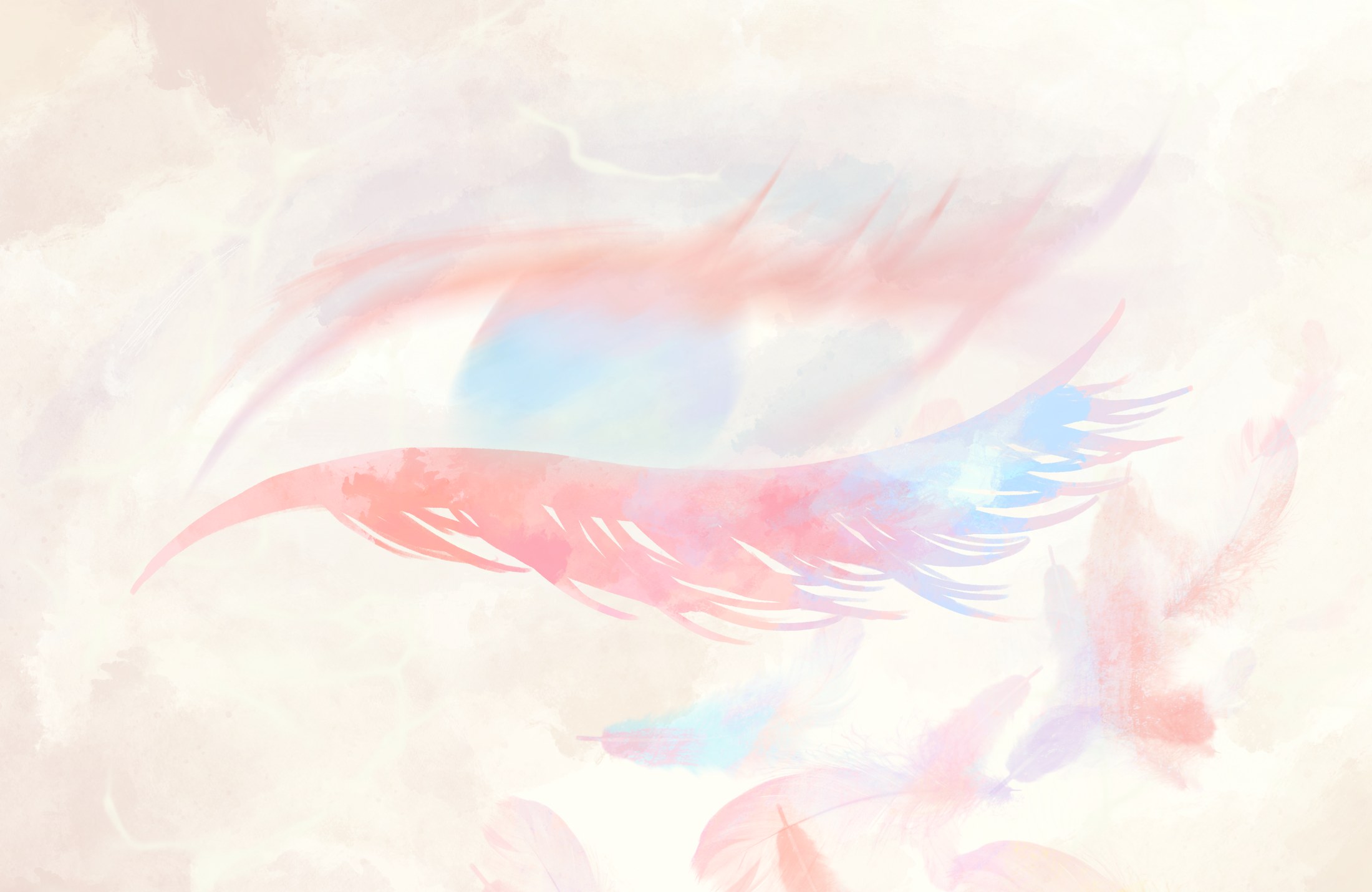 Pale feathers drifting through a soft cream and blush wash