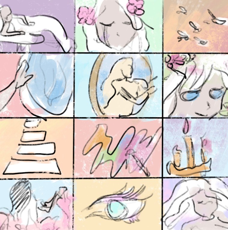 Grid of twelve thumbnail sketches for the frames, in ink and pale washes