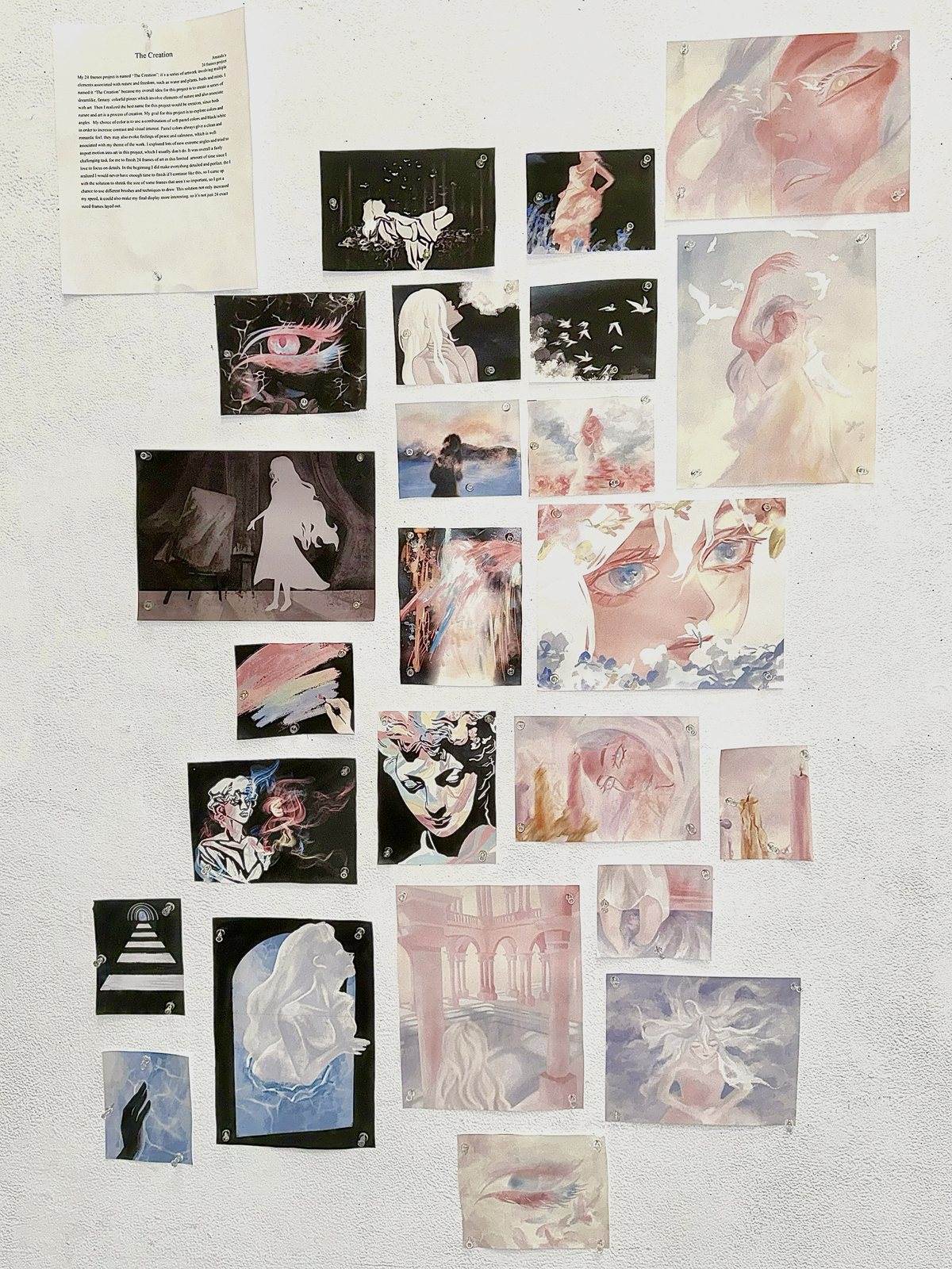 The finished 24 frames pinned to a gallery wall, with the project statement beside them