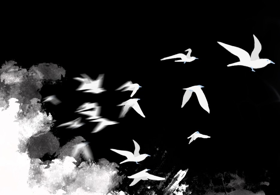 White birds scattering out of dark smoke