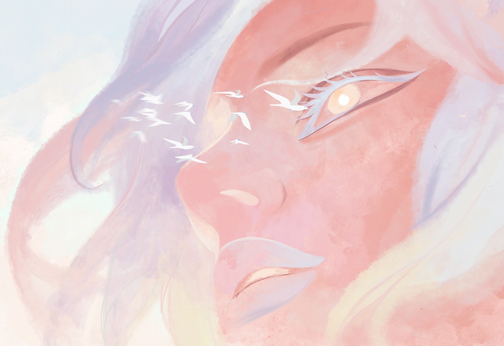 A face in profile, half muted blue and half saturated coral, with birds crossing the eye
