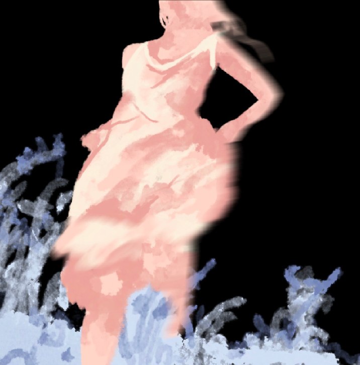 A figure in a coral dress against dark ground, ringed by pale blue cloud