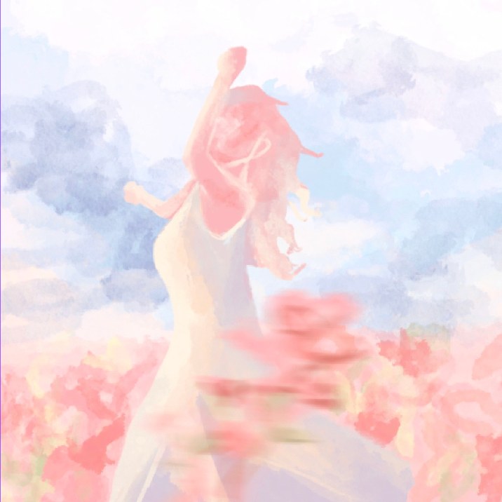 The same figure turning into pale blue sky and cloud