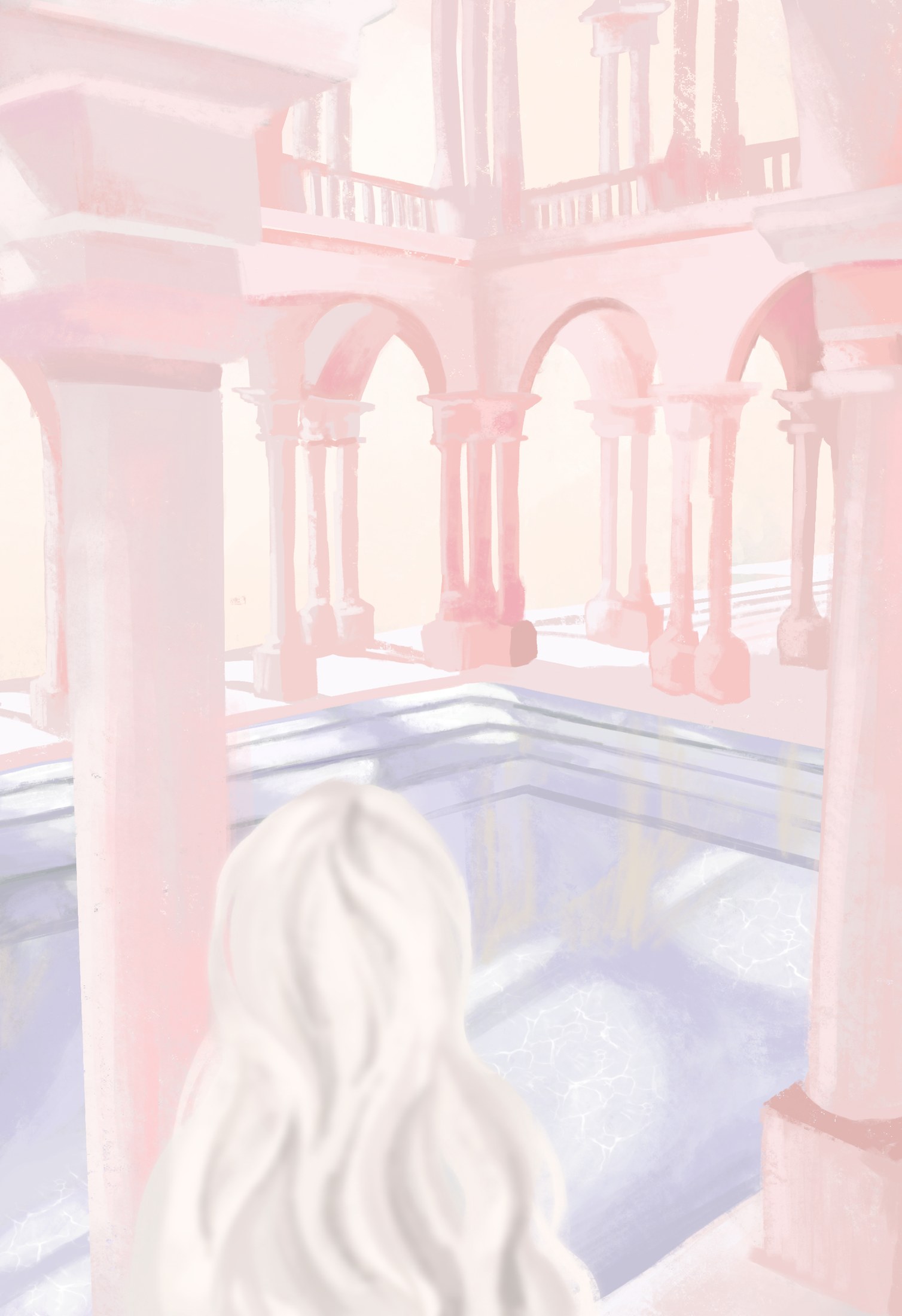 A blonde figure seen from behind facing a blush-pink colonnade and pool