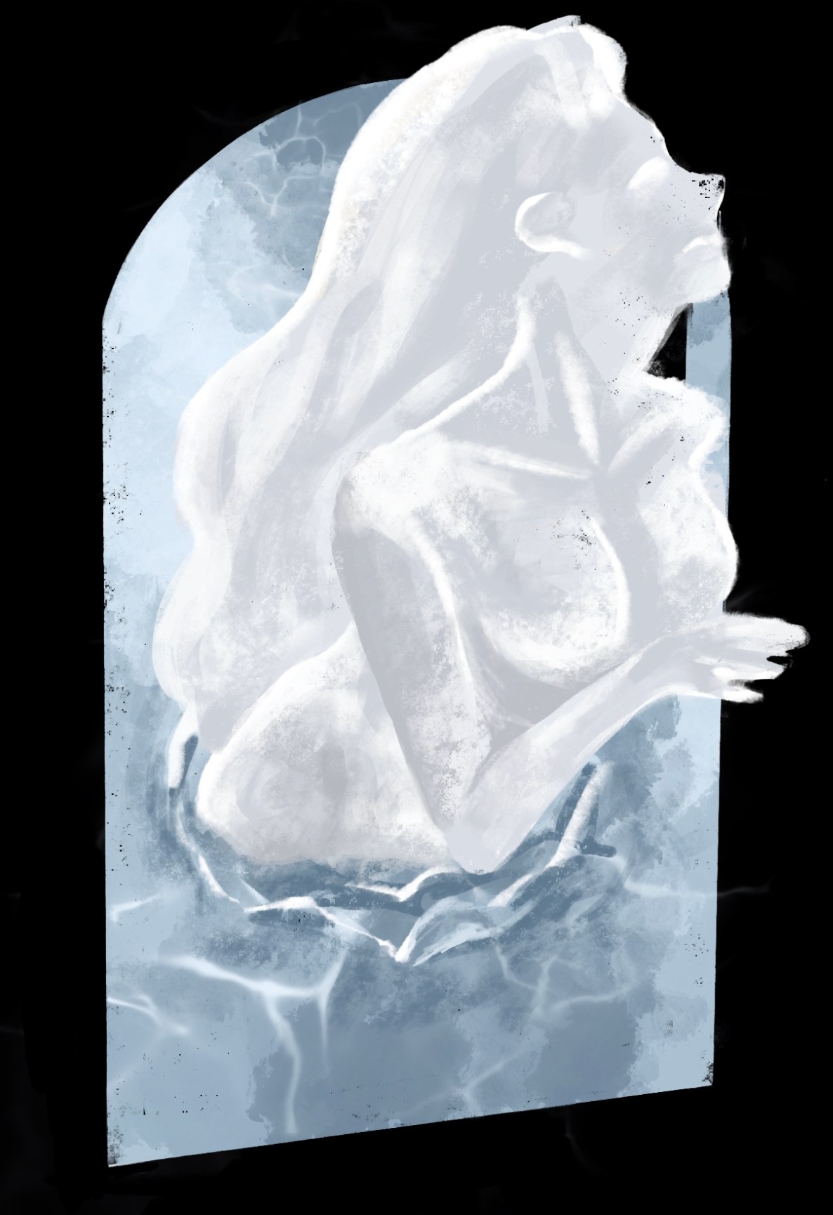 A pale sculptural figure curled inside an arched panel of blue water