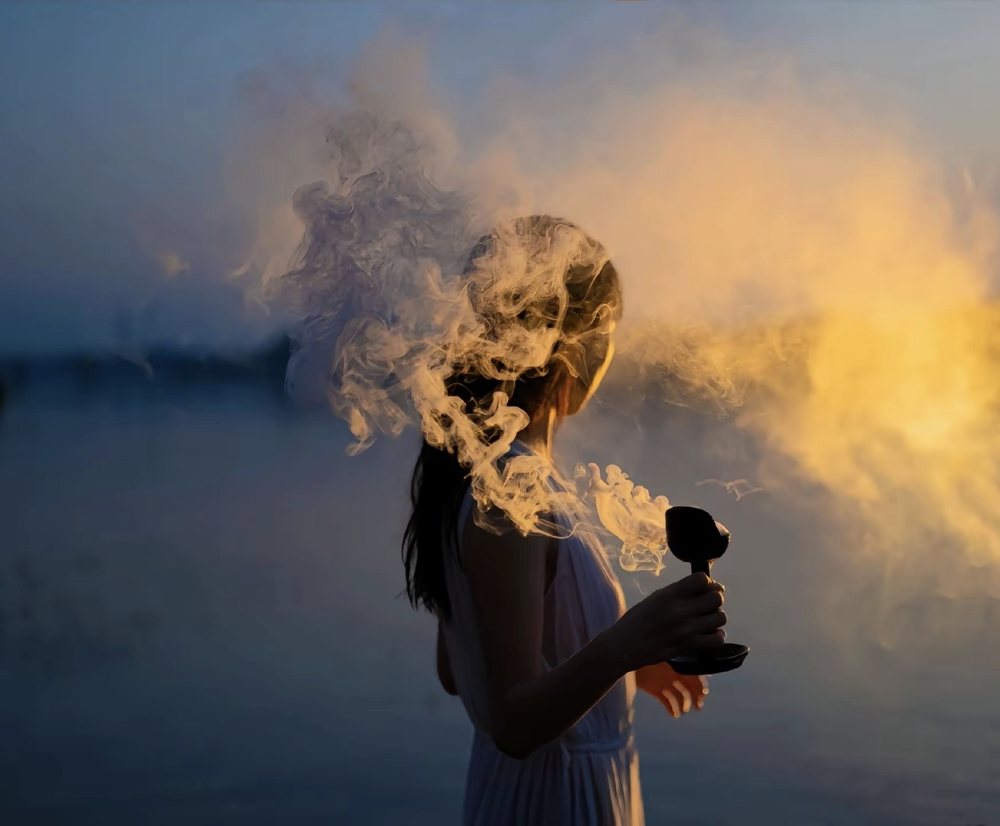 A girl holding smoke that billows over a lake at dusk