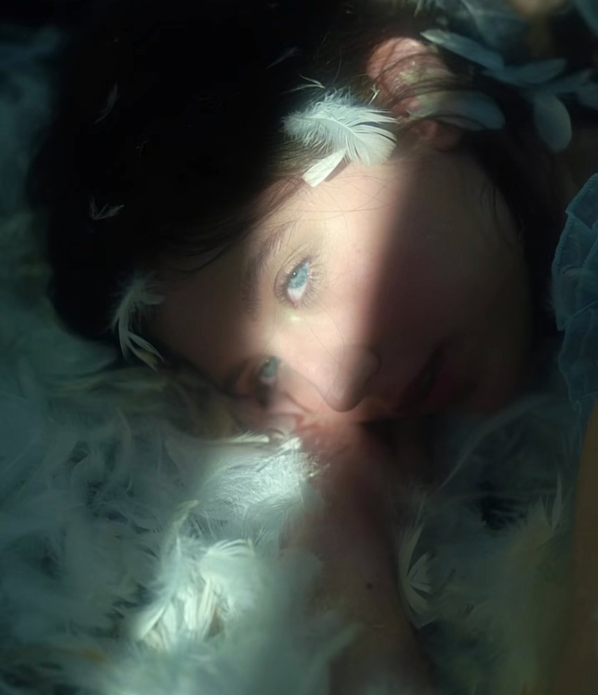 A face half-hidden among pale feathers