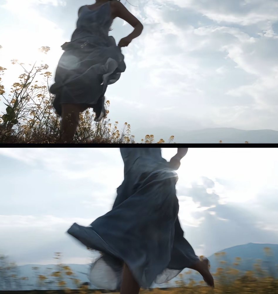 Two frames of a figure in a long skirt running through a field