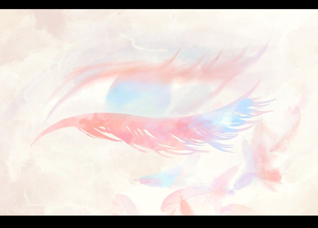 The Creation — pale feathers drifting through a soft cream and blush wash