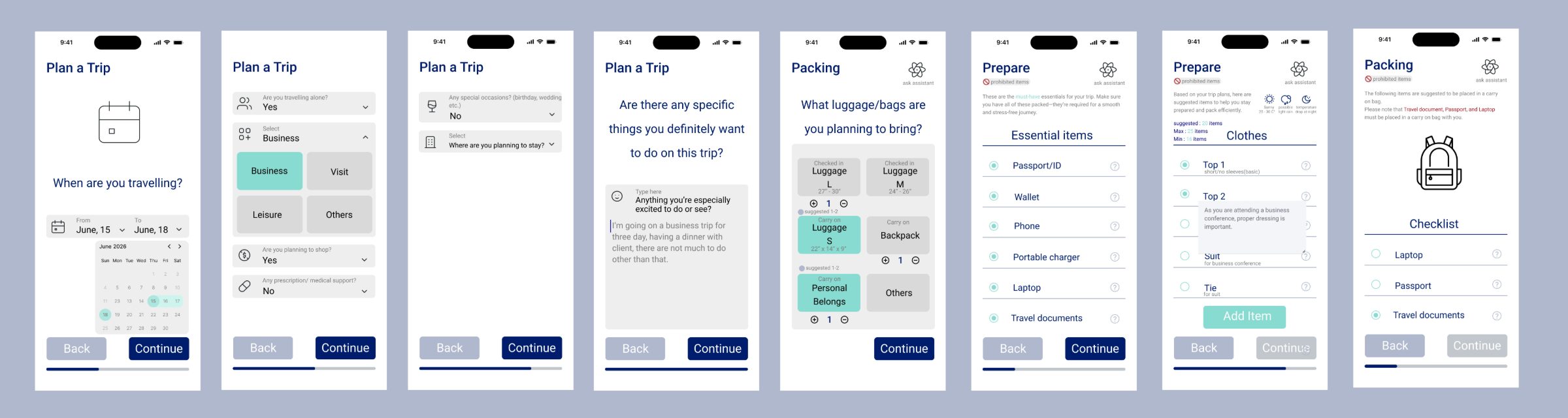 Second flow — business trip planning and packing screens