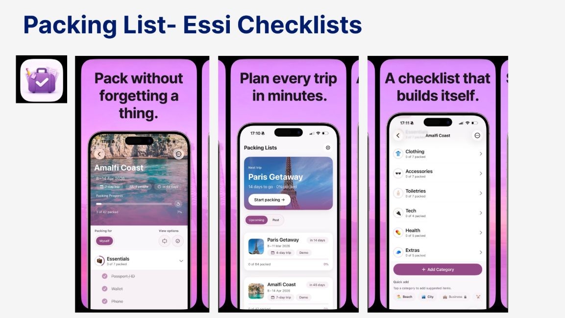 Competitive analysis: Packing List (Essi) app screens