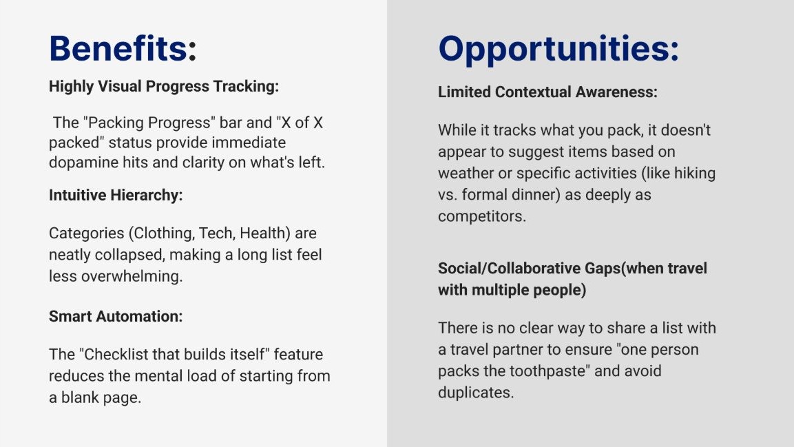 Competitive analysis: Packing List (Essi) benefits and opportunities