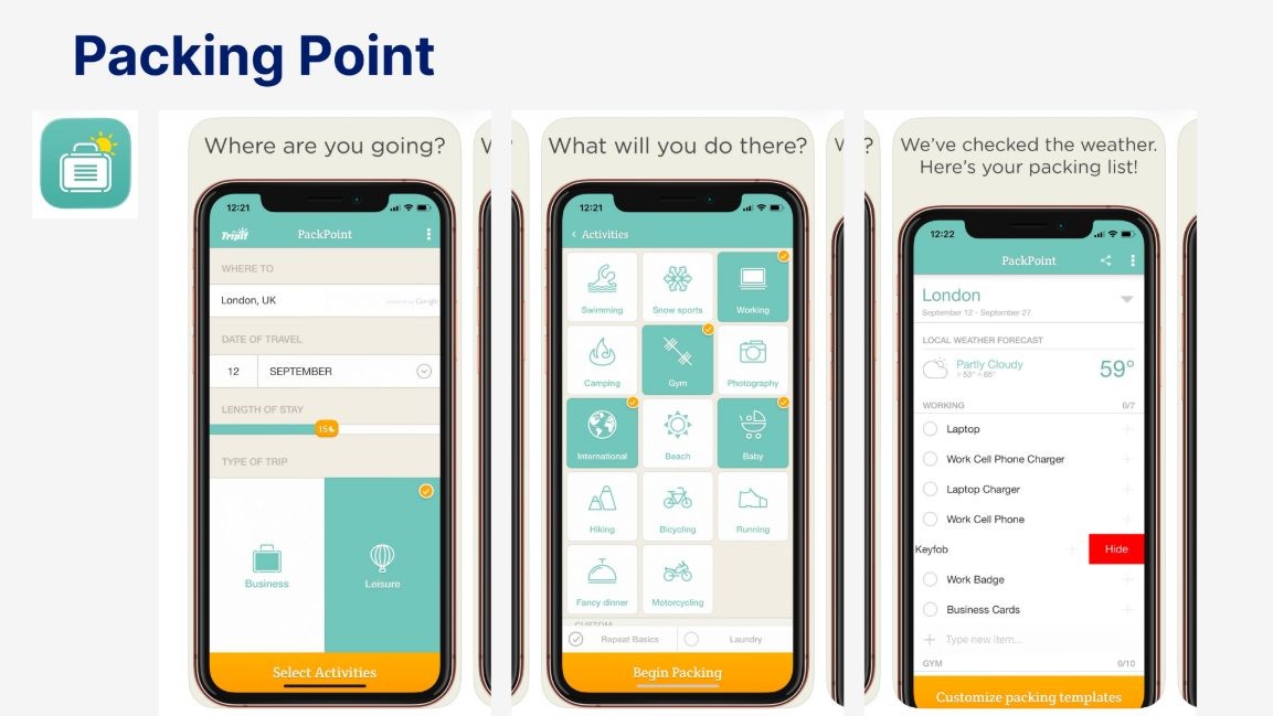 Competitive analysis: Packing Point app screens