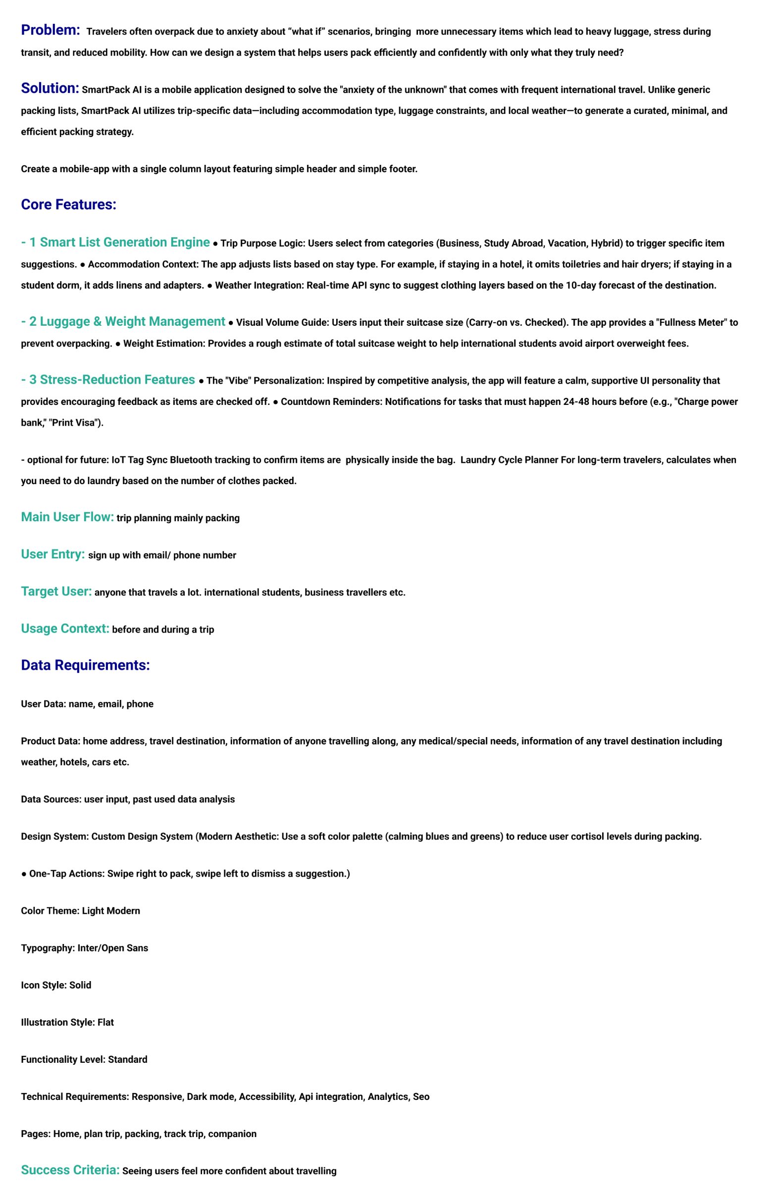 Product requirement document — problem, solution, core features, data requirements, design system