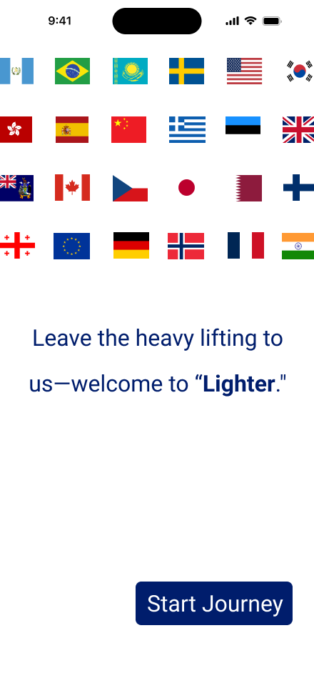Lighter prototype welcome screen: a grid of country flags above 'Leave the heavy lifting to us - welcome to Lighter', with a Start Journey button