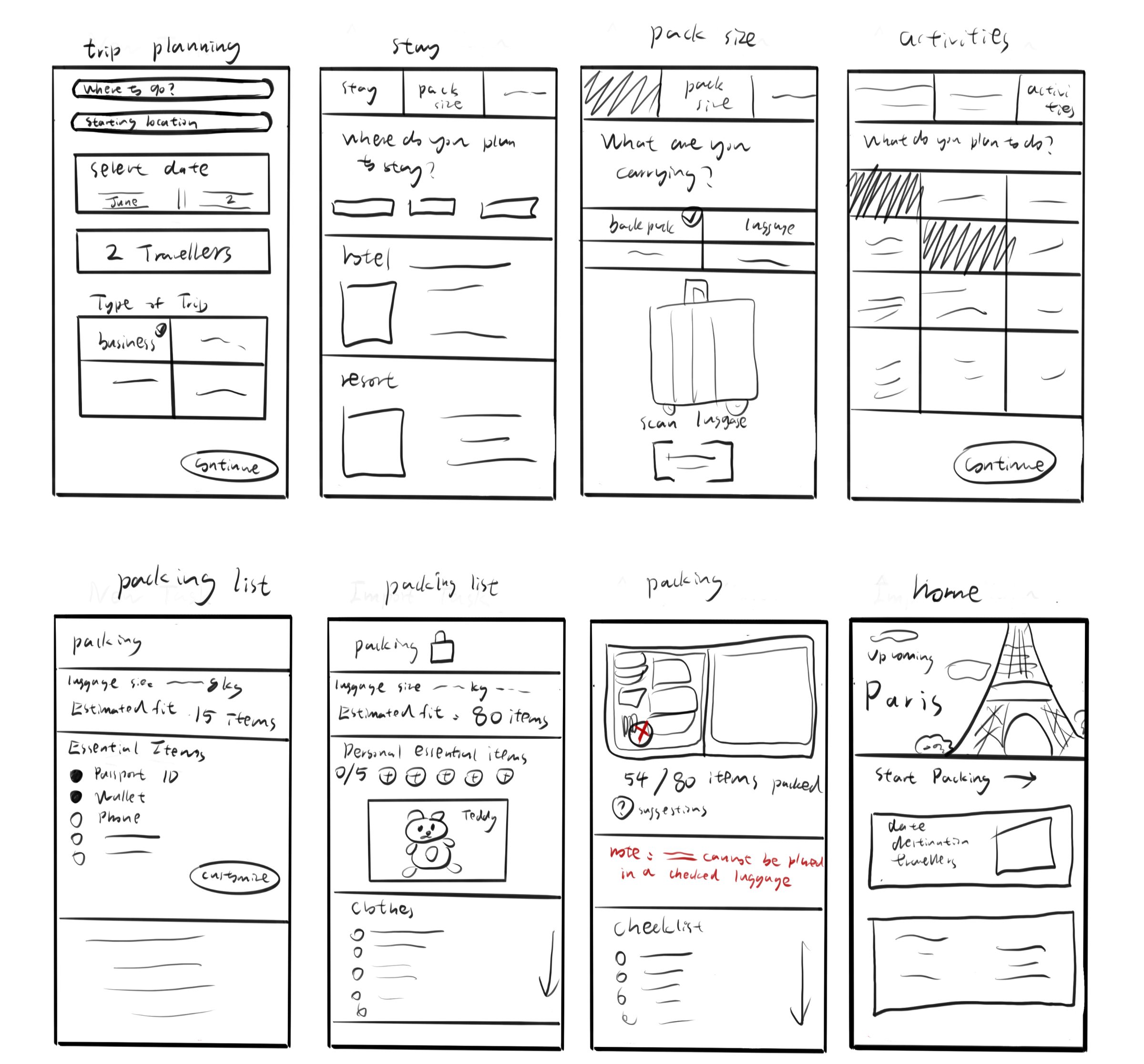 Hand-drawn early sketches of the Lighter app screens