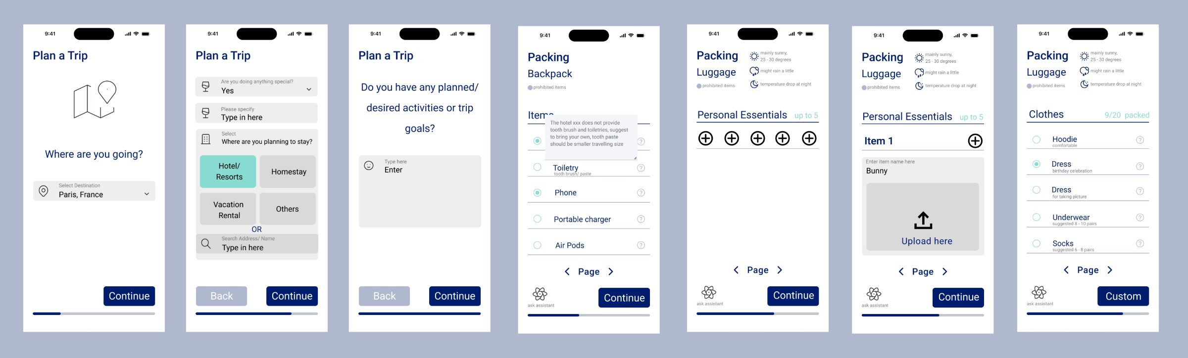 First edition wireframes — plan a trip and packing screens