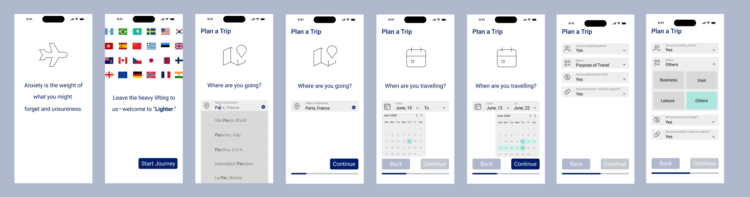 Wireframes edition 2 — onboarding and trip planning