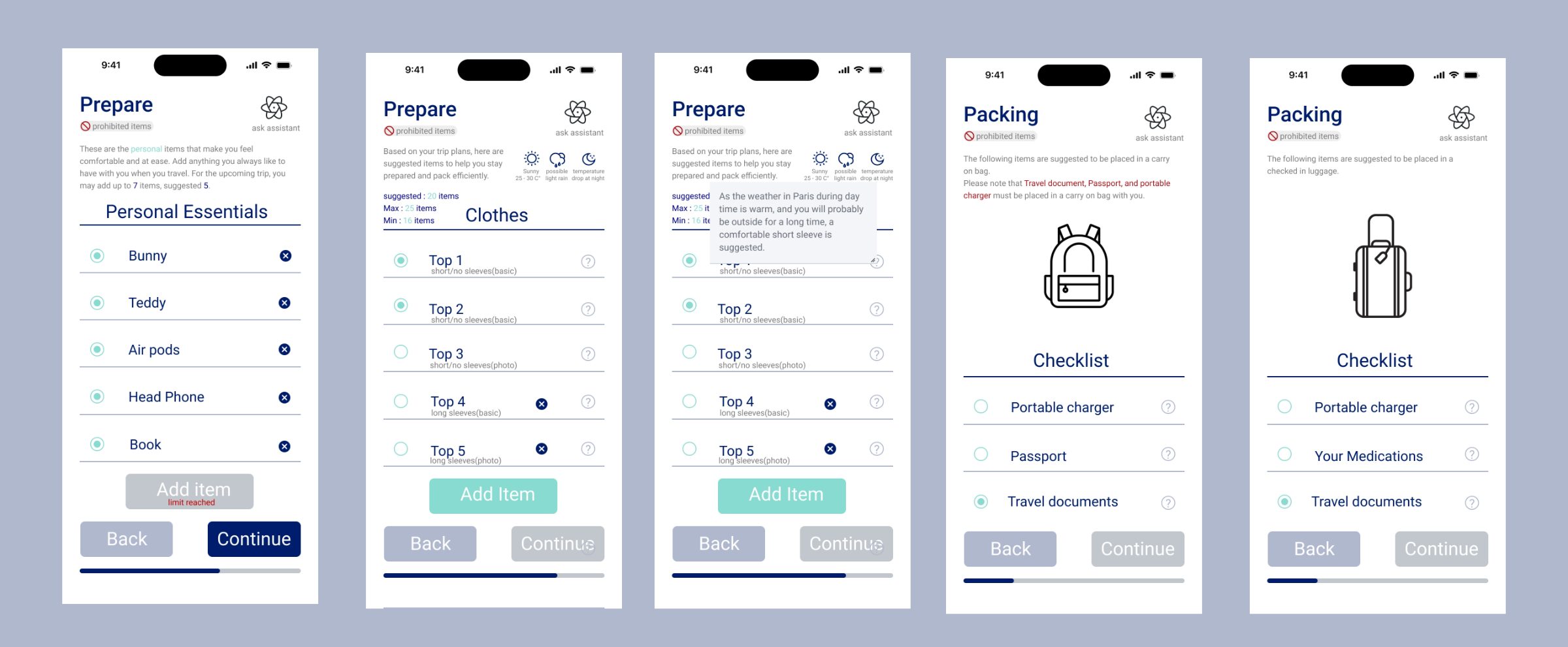 Wireframes edition 2 — prepare, clothes, and packing checklist