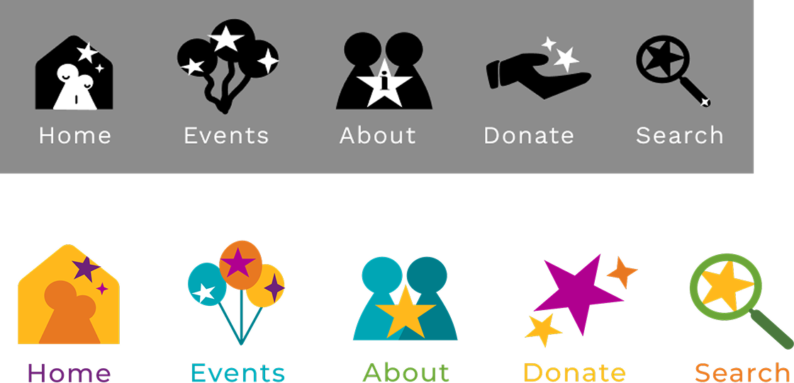 Final navigation icon set: Home, Events, About, Donate, Search