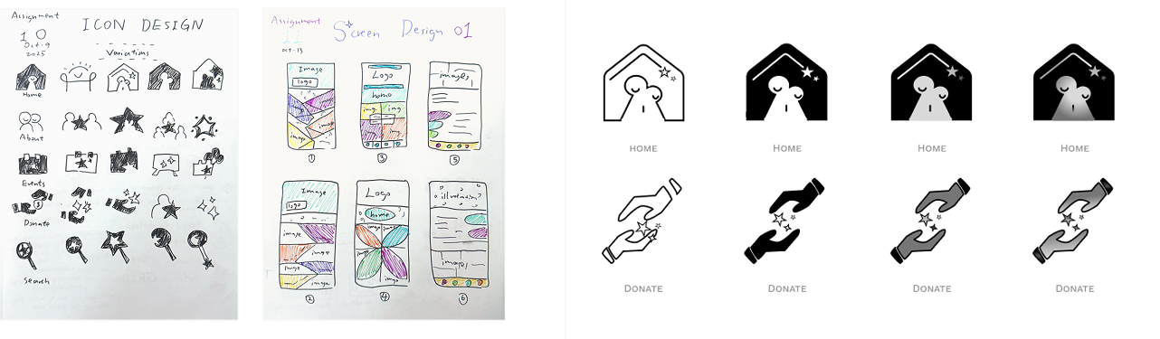 Hand-drawn sketches exploring icon design and screen layouts