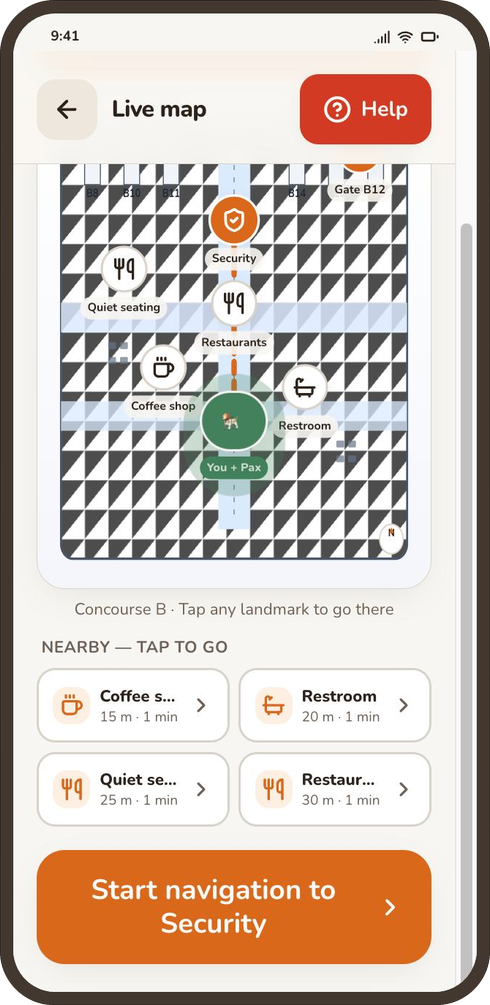 Pax app Live map screen: an airport gate map with nearby coffee, restroom and quiet spots, and a Start navigation to Security button