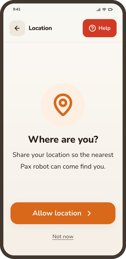 Pax app Location screen: Where are you? Allow location button with a small Not now link beneath