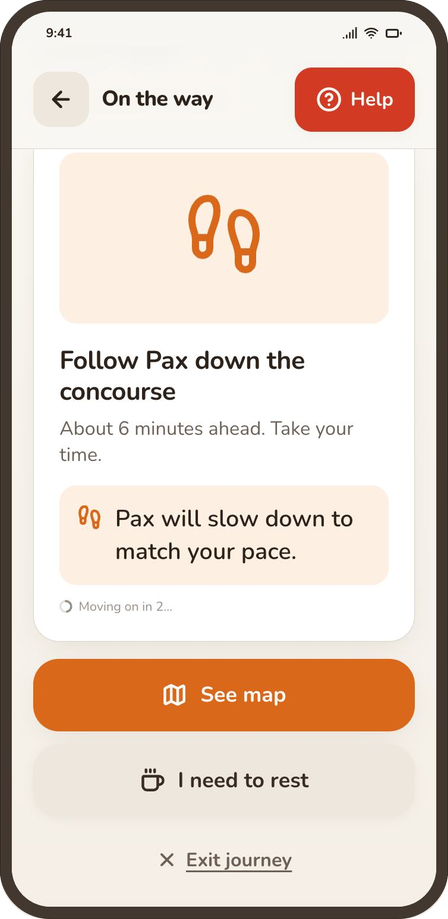 Pax app On the way screen: Follow Pax down the concourse, with a See map button and a grey I need to rest button below it