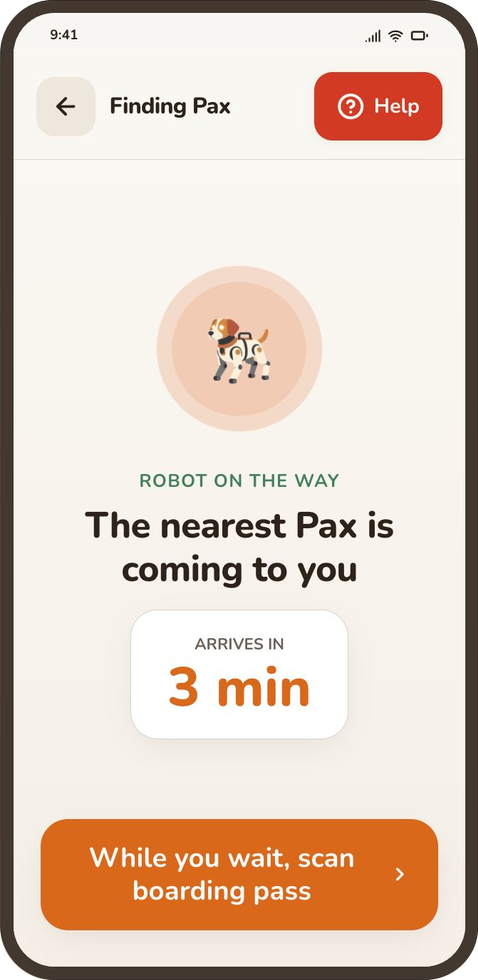 Pax app Finding Pax screen: The nearest Pax is coming to you, arrives in 3 min, with a While you wait, scan boarding pass button