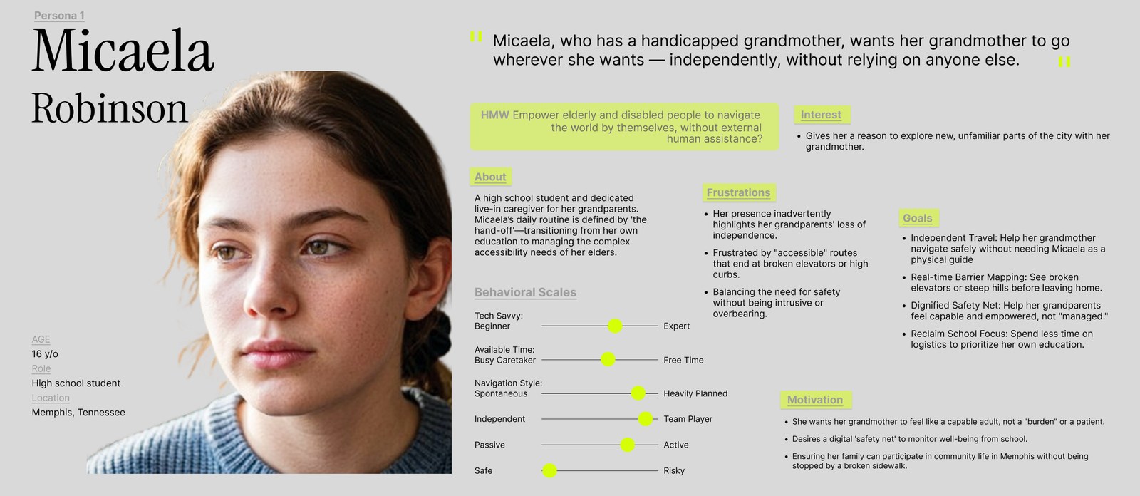 Persona profile: Micaela Robinson, 16, high school student and caregiver in Memphis, Tennessee: wants her grandmother to travel independently