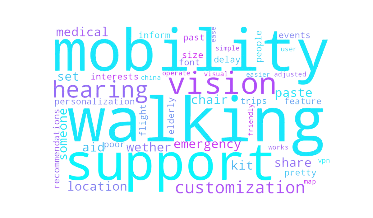 Word cloud of requested improvements, led by mobility, walking, support, vision, hearing and customization