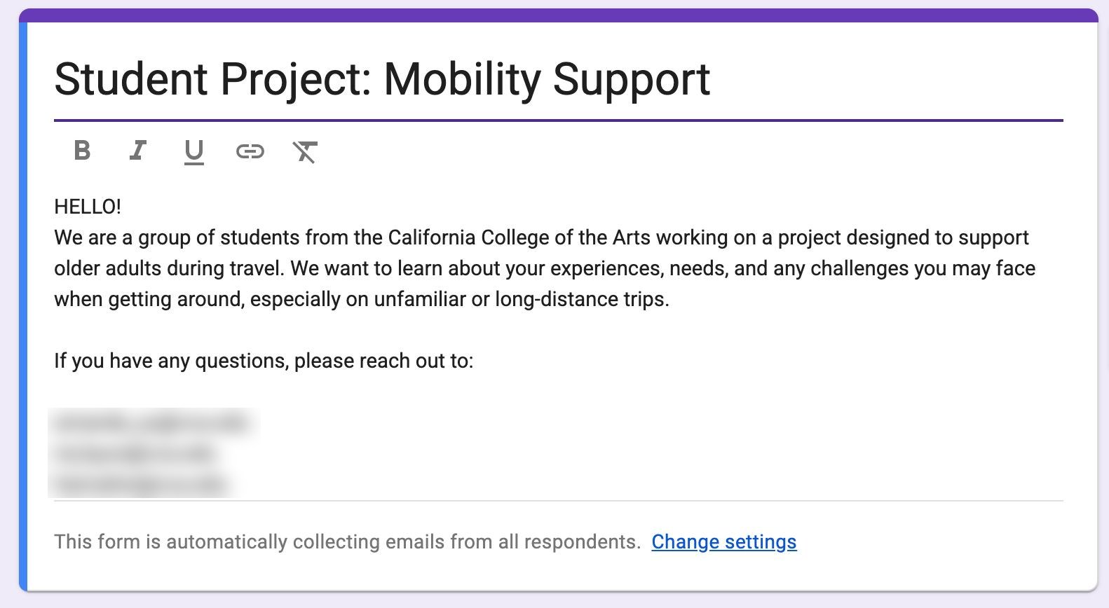 Google Form screener titled Student Project: Mobility Support, introducing the CCA student team and the study on older adults' travel