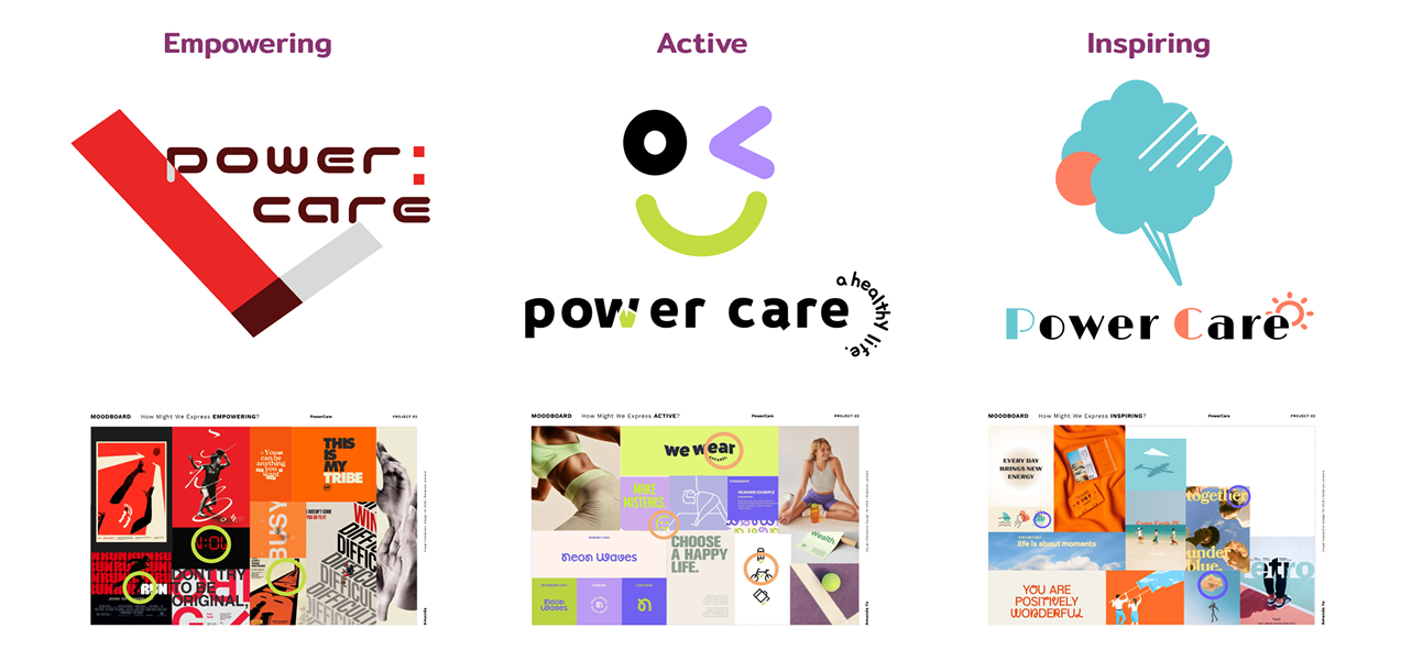 Three logo directions: Empowering, Active, and Inspiring