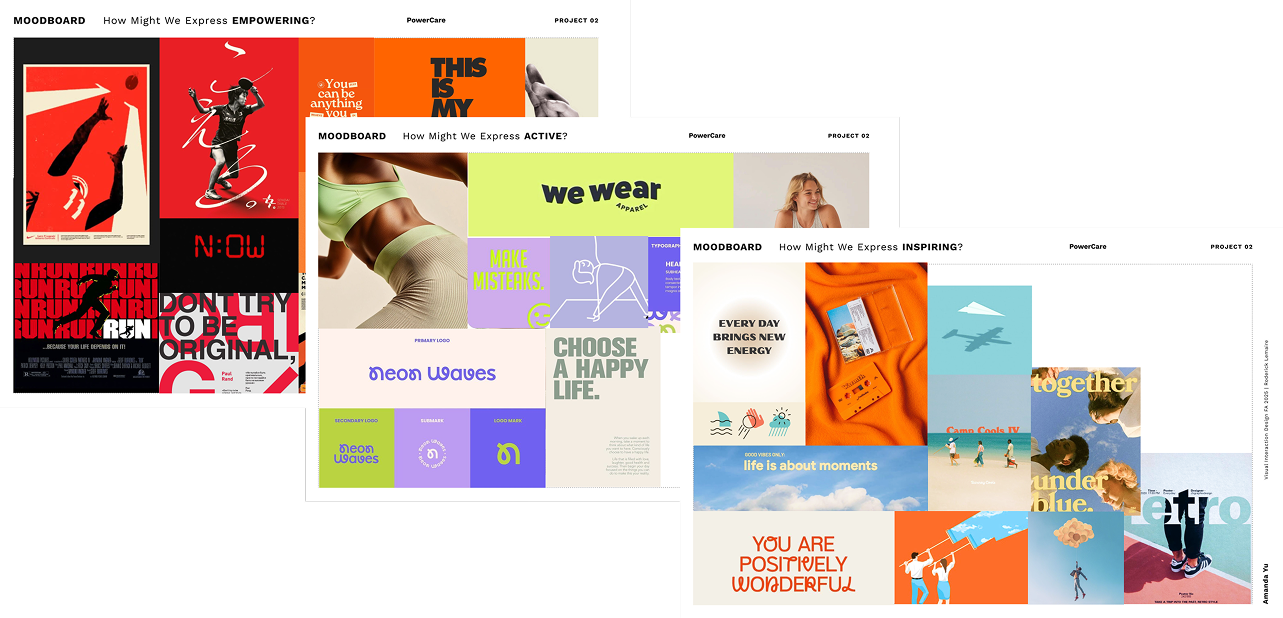 Three moodboards: Empowering, Active, and Inspiring